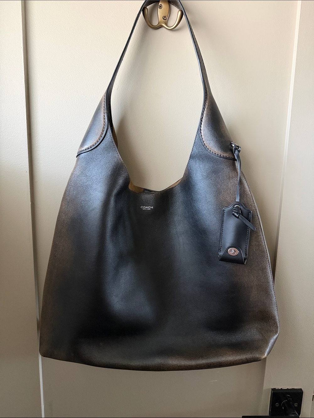 Coach Black/Brown Leather Shoulder Hobo Bag with Luggage Tag